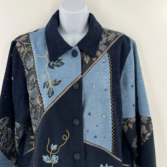 Graff Petite Large PL Patchwork Jacket Blue Embroidered Floral Embellished Lined - Picture 11 of 12